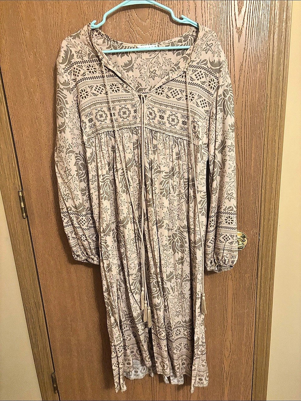 R. Vivimos Women's Long Sleeve Floral Print Retro V-Neck Tassel Bohemian Midi